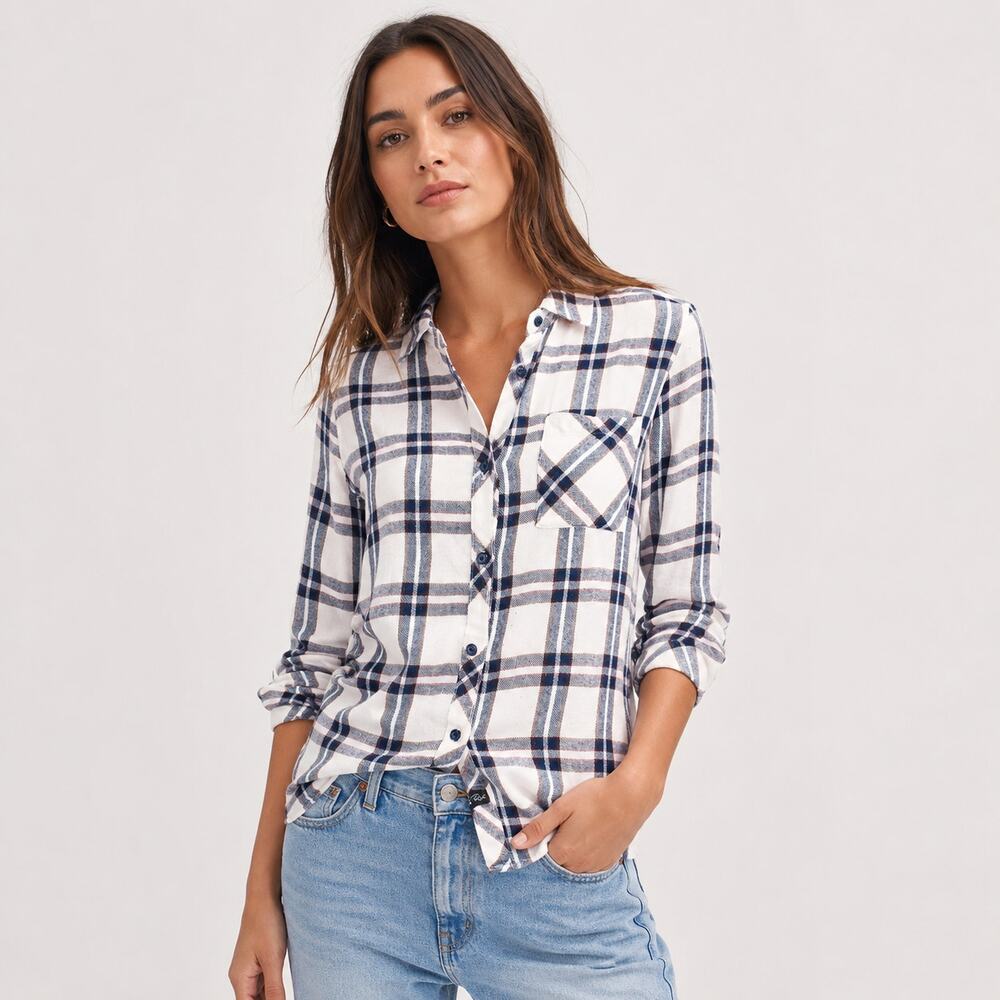Rails Women's Button up Flannel Shirt White Plaid Rayon Size XS